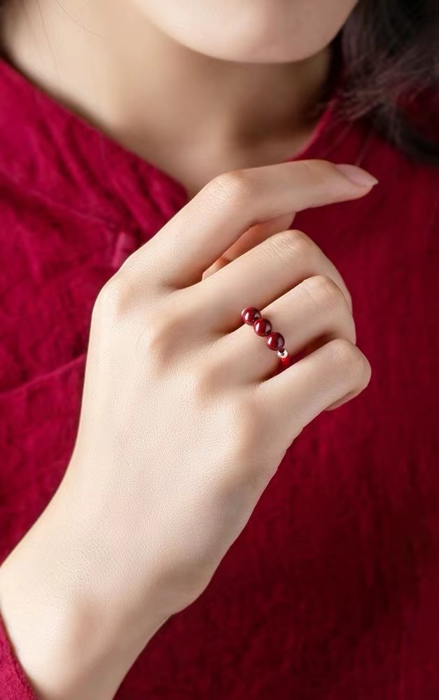 Cinnabar red rope silver ring - Image 2