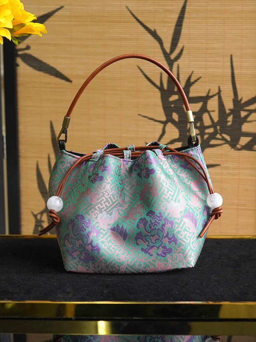 Song Brocade Drawstring Handbag-Longevity & Peony Pattern