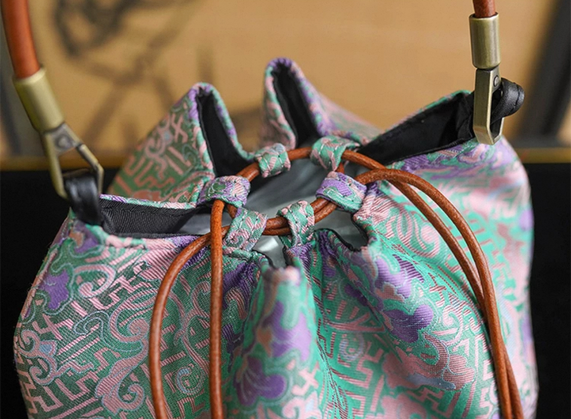Song Brocade Drawstring Handbag-Longevity & Peony Pattern - Image 3