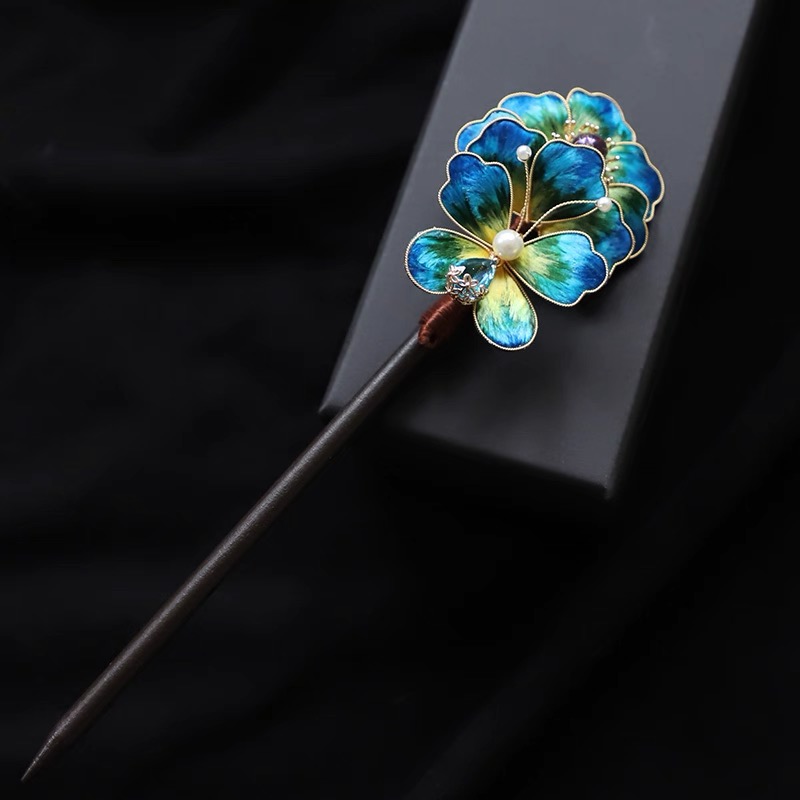 Velvet Blossom Hairpin with Wooden Base - Peacock Blue Velvet